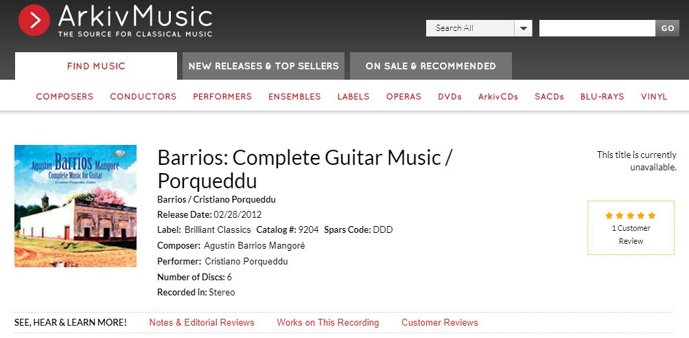Nuova recensione su ArkivMusic per CD Set "Agustín Barrios"