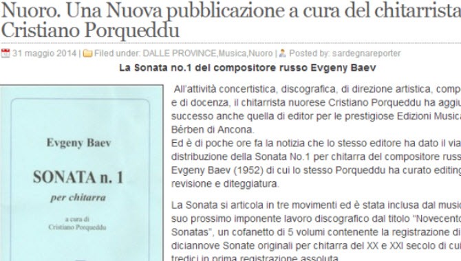 SardegnaReporter sulla Sonata No.1 di Evgeny Baev