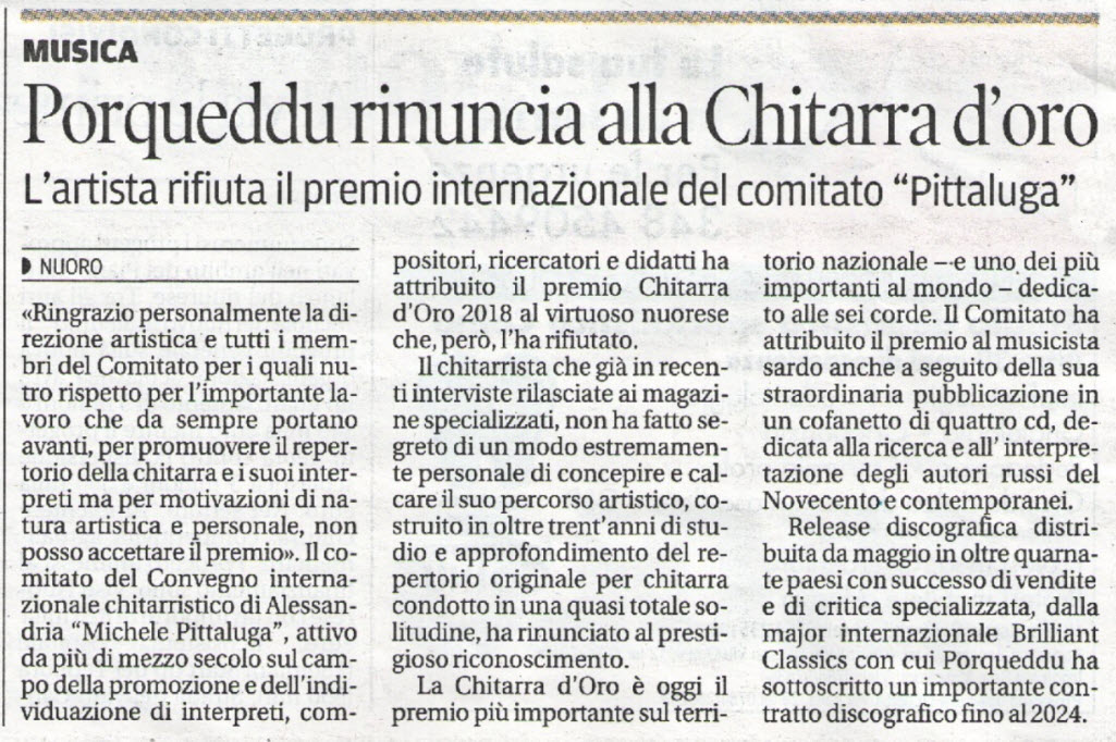La stampa sul rifiuto del premio Chitarra d'Oro 2018