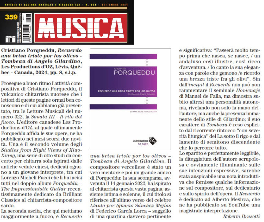 Recensione su Musica per Recuerdo una Brisa Triste por los Olivos - Tombeau di Angelo Gilardino