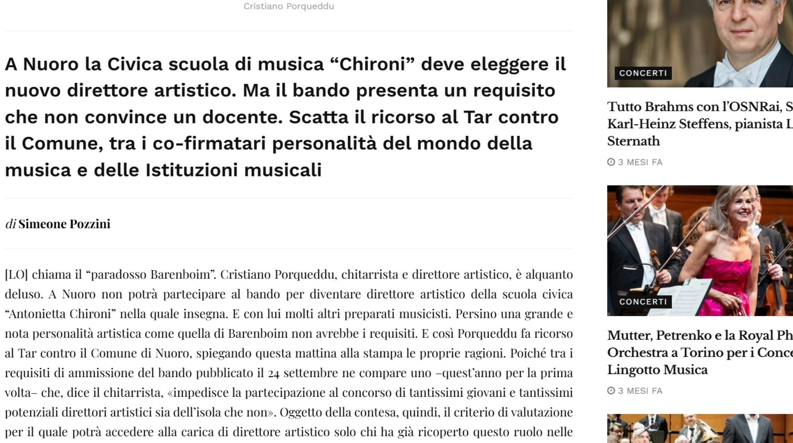 Intervista del Corriere Musicale sul fanta-bando del Comune di Nuoro
