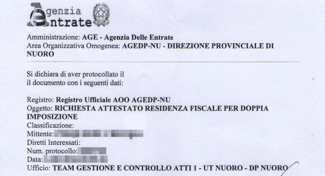 Certificazione di residenza fiscale Cristiano Porqueddu